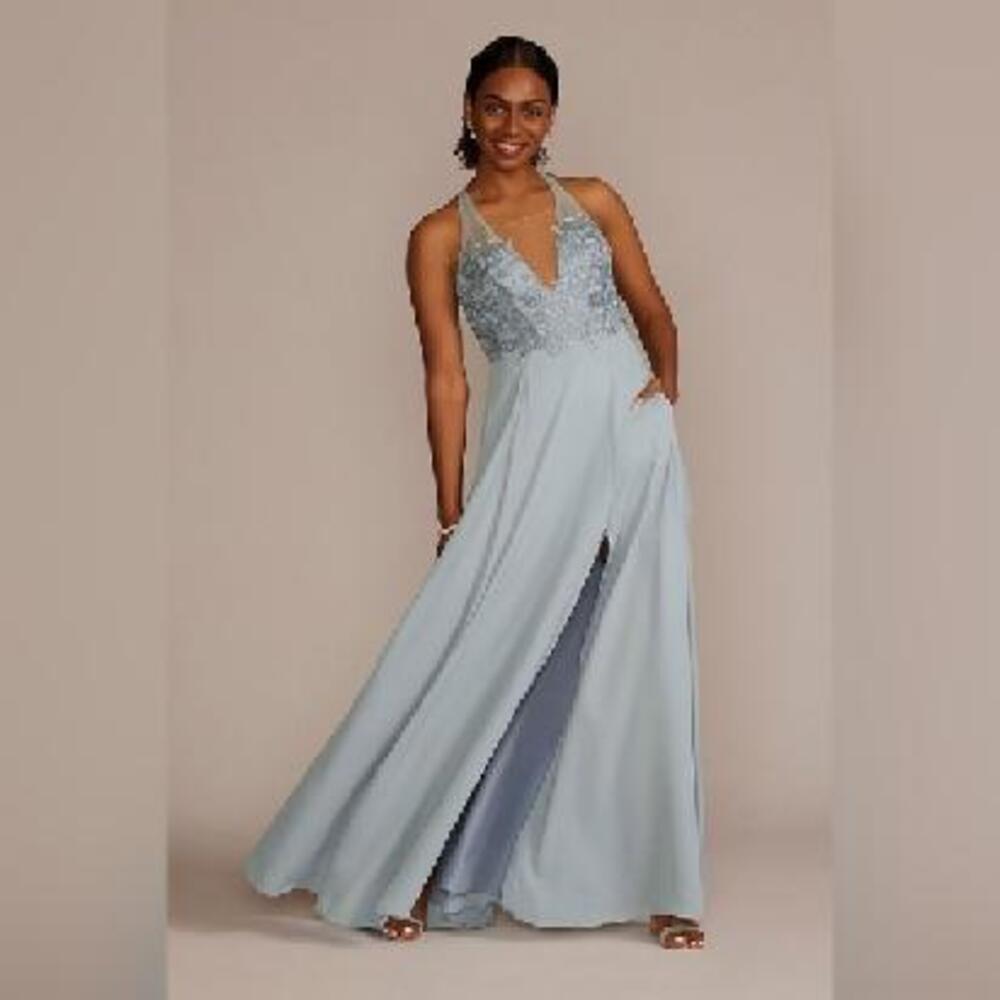 David's Bridal Pale Blue Lace Halter Maxi Gown